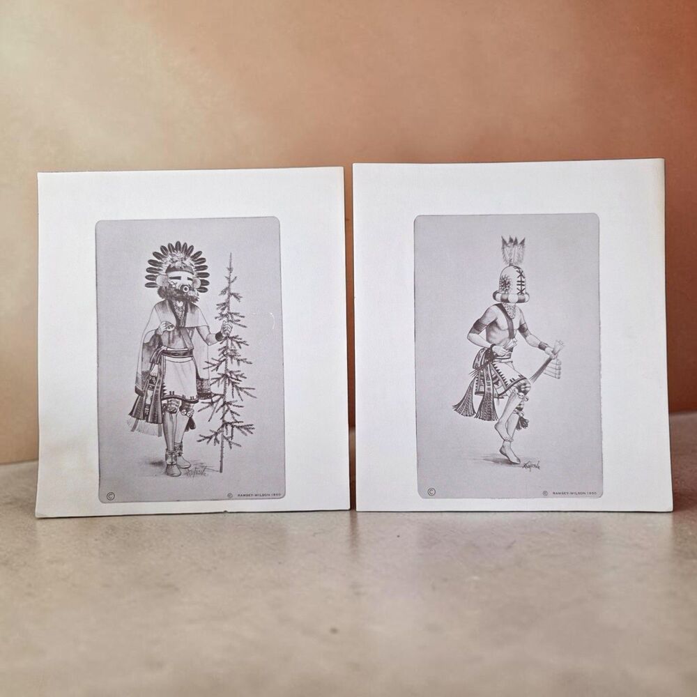 2 Vintage 1960 Hoyesva Hopi Kachina Prints Pair 8.5x9.5 Peter Shelton Jr Ramsey